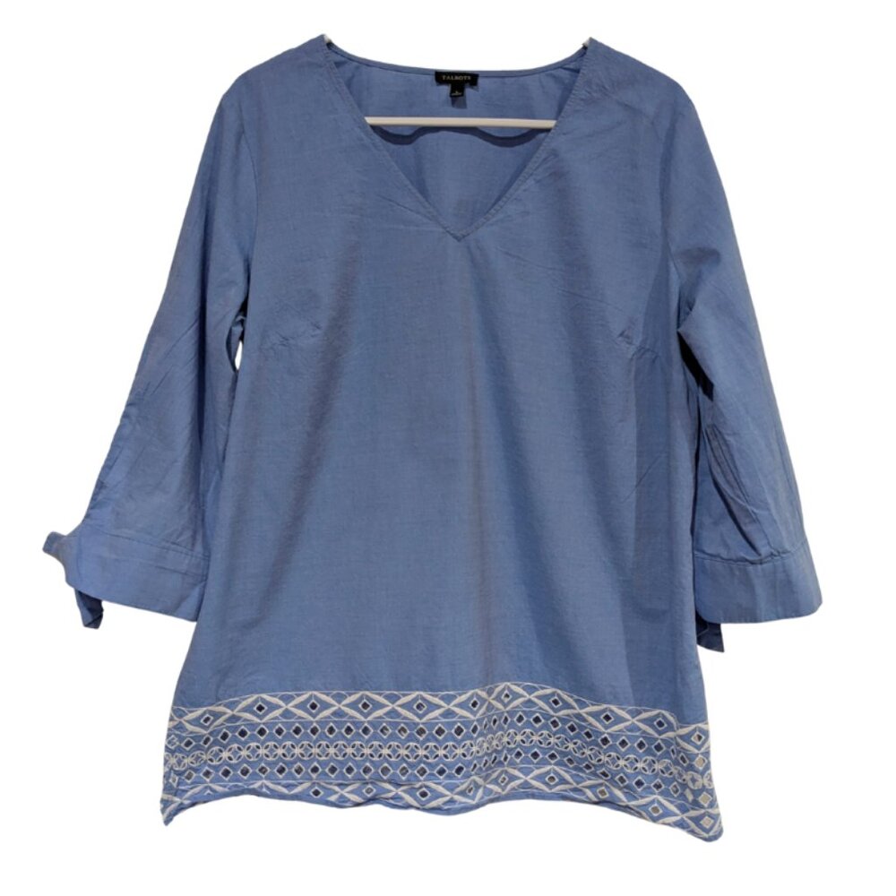 Talbots Women's Chambray Blouse, Blue, Size Large, 3/4 Sleeves, V-Neck, Cotton